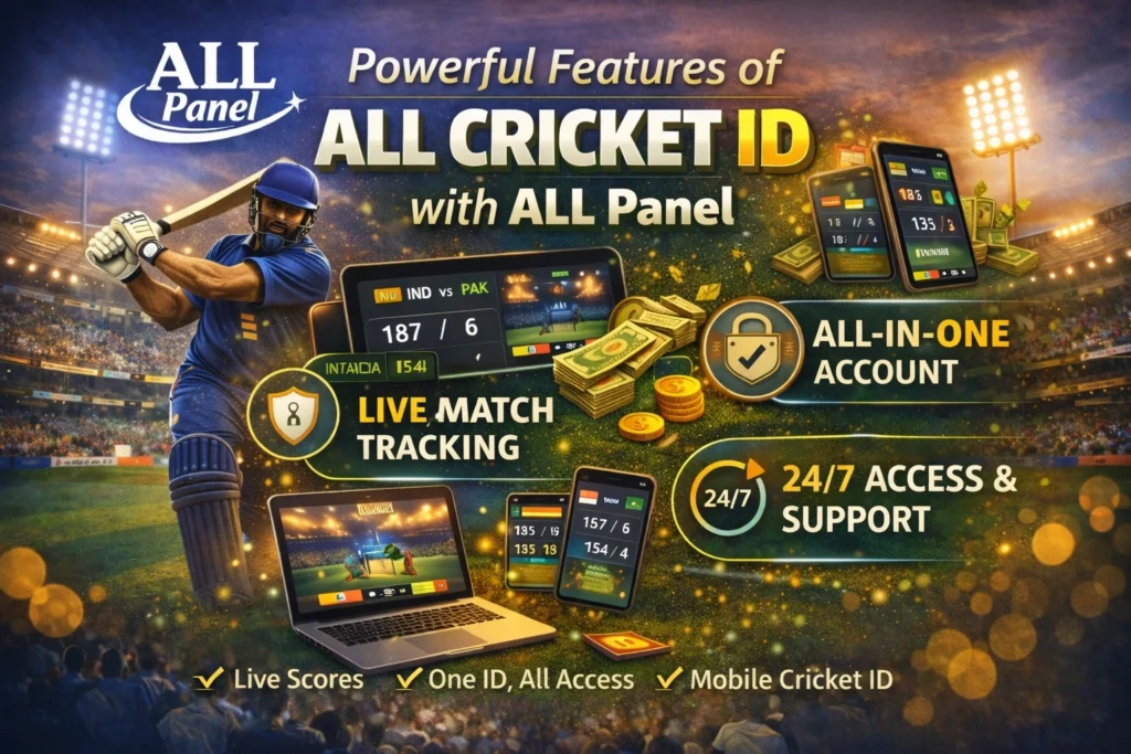 All Cricket ID features banner with ALL Panel showing live match tracking, secure payments, and 24/7 cricket access