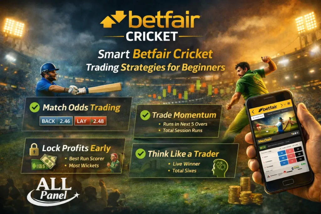 Betfair cricket trading strategies showing match odds trading, back and lay betting, live odds on mobile app and beginner betting tips infographic