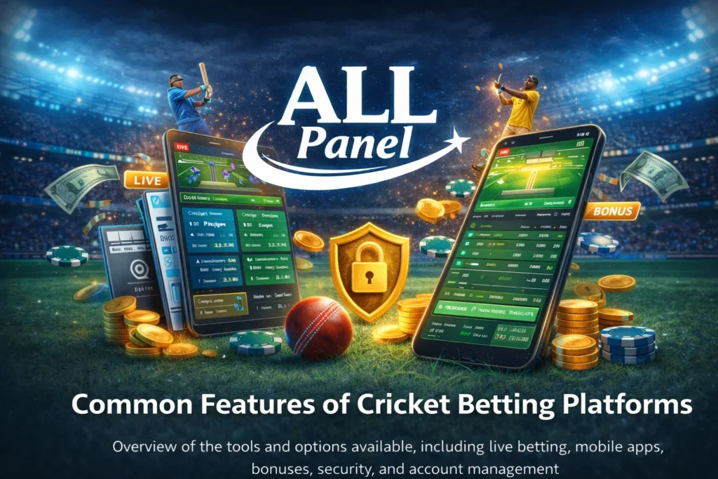 ALL Panel logo with mobile devices showing cricket betting platform features like live odds, mobile apps, and account tools