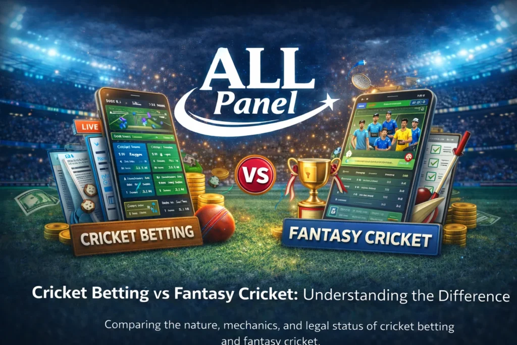 ALL Panel logo showing comparison between cricket betting platform and fantasy cricket app on mobile screens