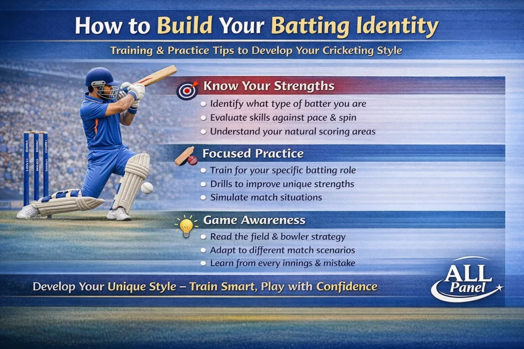 Infographic showing how to build your batting identity in cricket with tips on strengths, focused practice, game awareness and mindset with ALL Panel logo