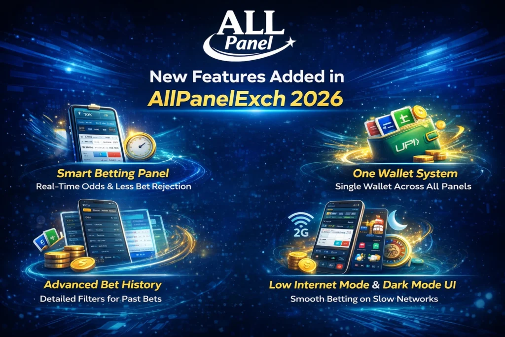 AllPanelExch 2026 new features image showing smart betting panel, one wallet system, advanced bet history and low internet mode in All Panel Exchange
