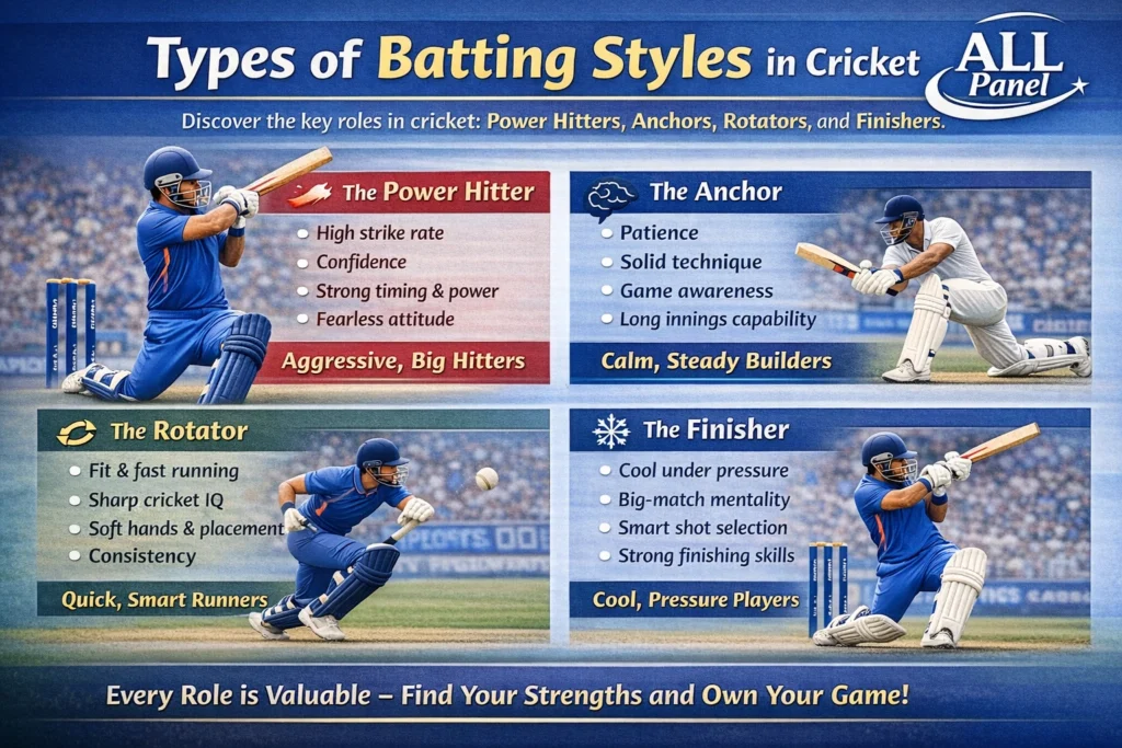 Infographic showing types of batting styles in cricket including power hitter, anchor, rotator and finisher with ALL Panel logo