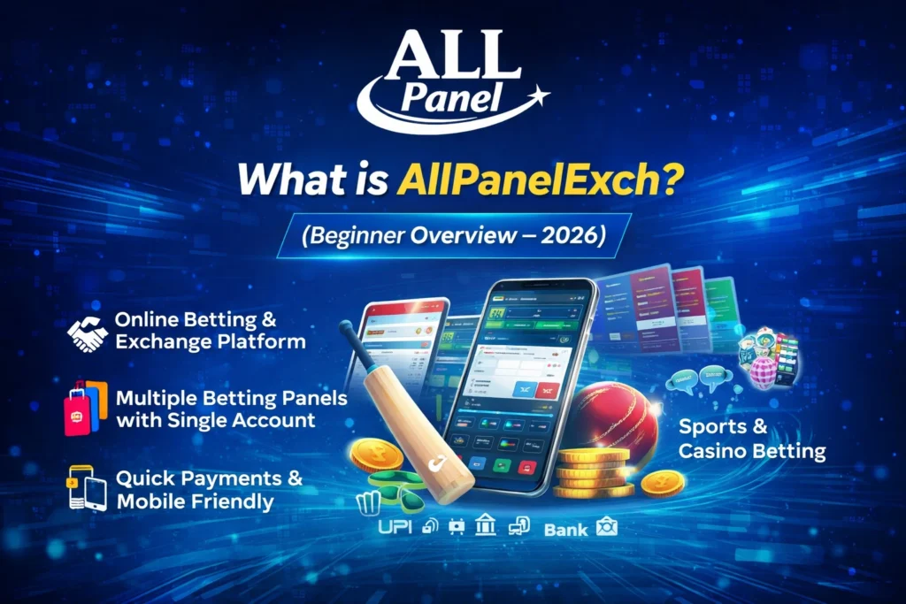What is AllPanelExch image showing All Panel Exchange platform, mobile betting panels, sports and casino options for beginners in 2026