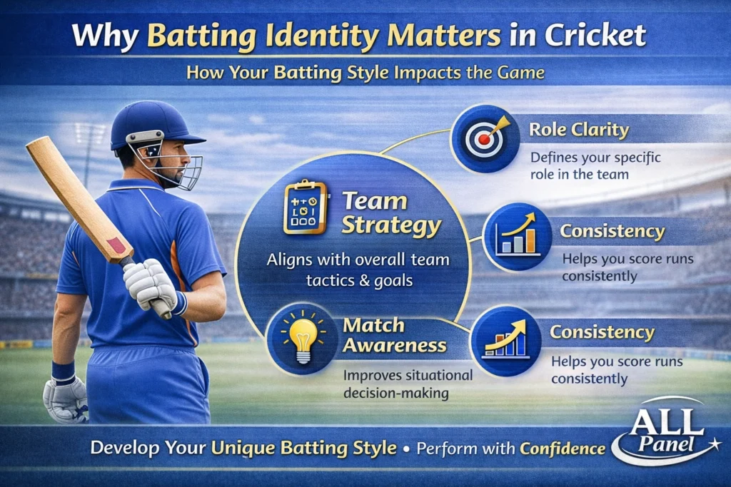 Infographic explaining why batting identity matters in cricket showing role clarity, consistency, match awareness and team strategy with ALL Panel logo