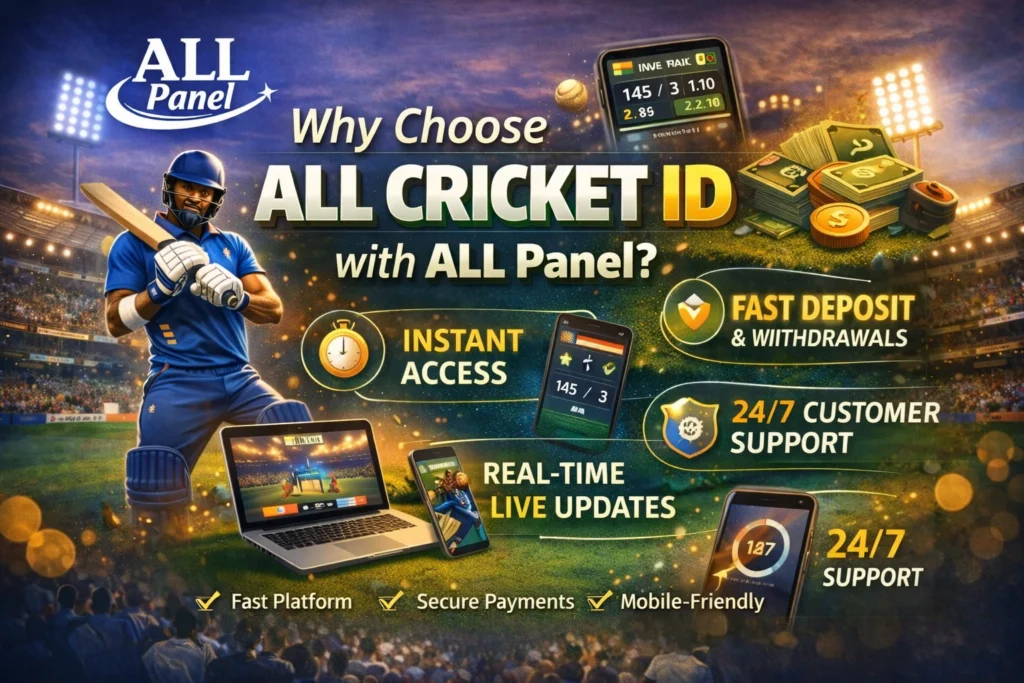 Why Choose All Cricket ID with ALL Panel features banner showing instant access, secure payments, and live cricket updates