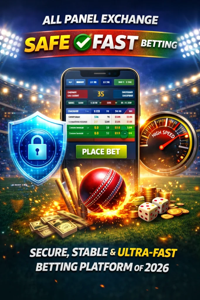 All Panel Exchange safe and fast betting platform image showing mobile screen, security shield, high-speed meter, coins, and cricket visuals.