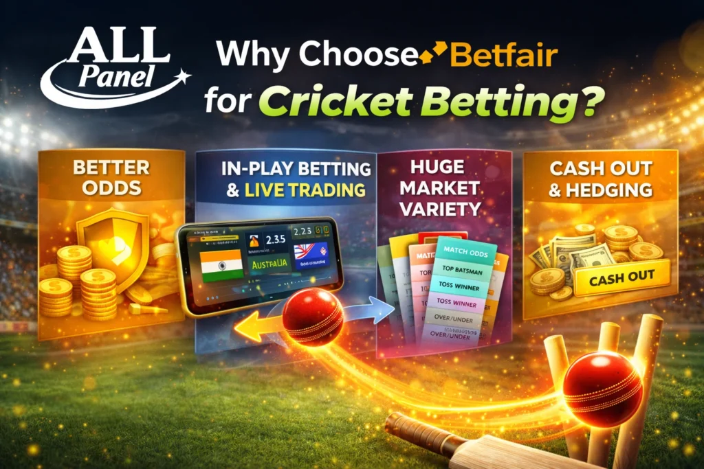 Why choose Betfair for cricket betting banner showing better odds, in-play betting, huge market variety, and cash out options with ALL Panel logo