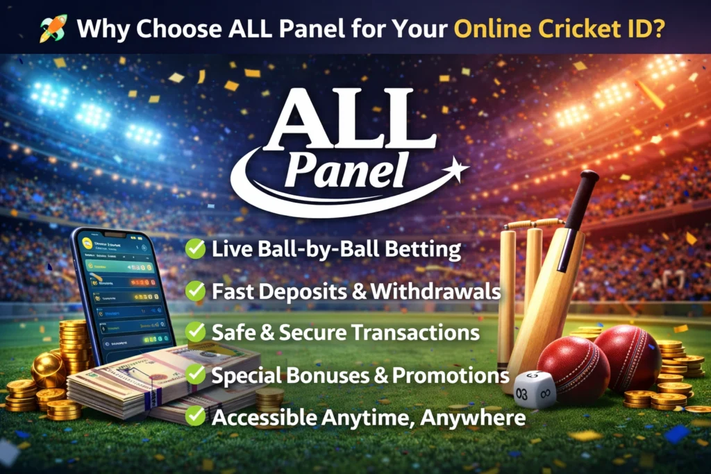 ALL Panel online cricket ID platform showing live betting app, cricket stadium, bat, ball and betting features