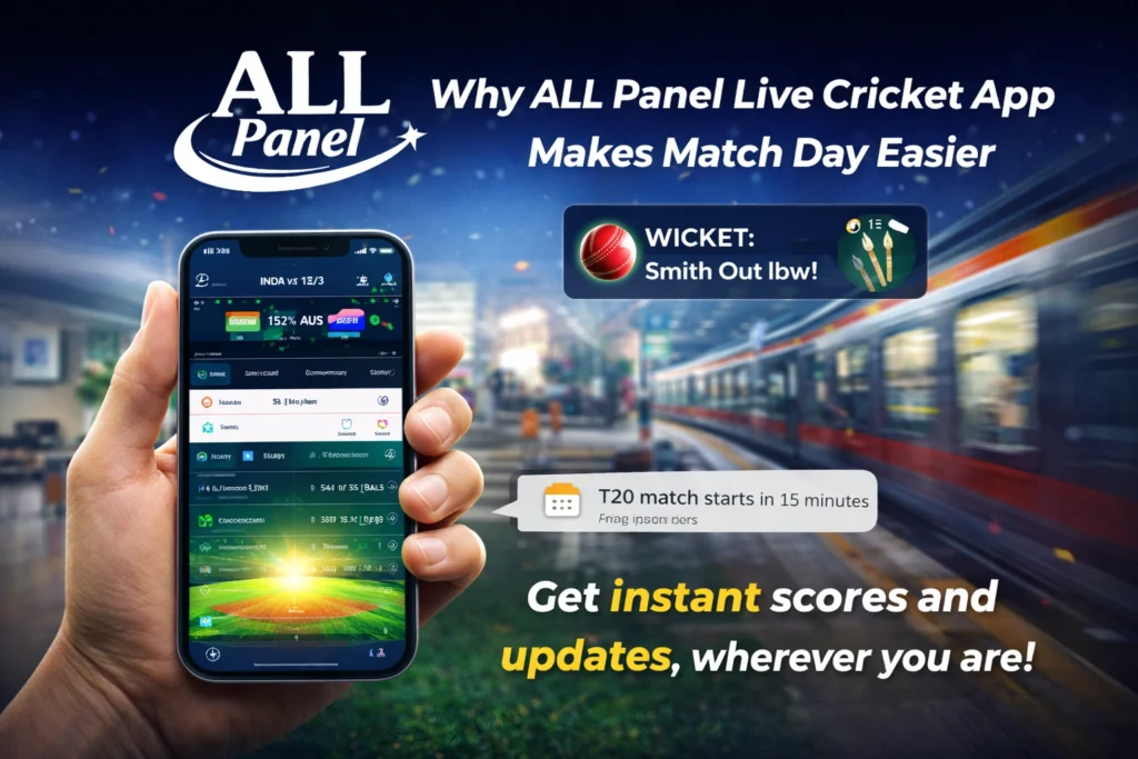 ALL Panel Live Cricket App showing live cricket scores and match notifications on mobile
