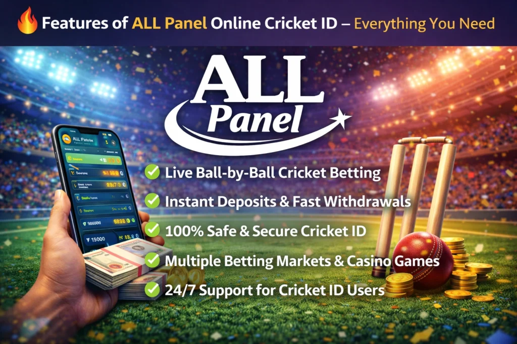 ALL Panel online cricket ID features banner showing live betting app cricket bat ball and secure betting platform