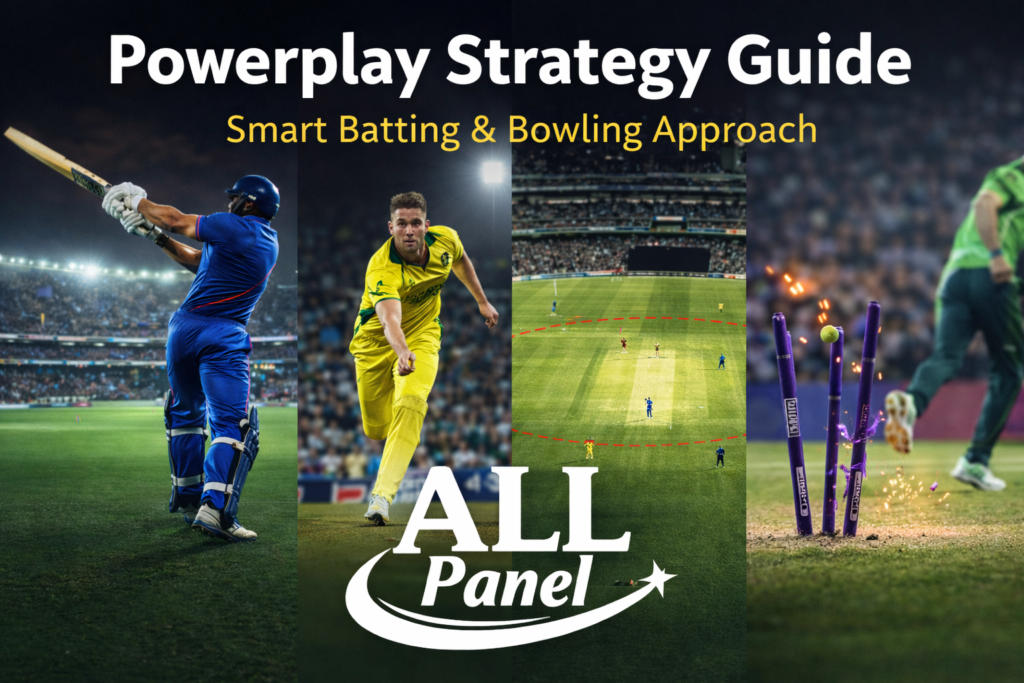 Powerplay Strategy Guide image showing T20 batting and bowling action with ALL Panel logo