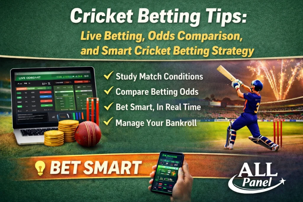 Cricket betting tips live betting strategy banner with ALL Panel logo and betting odds dashboard