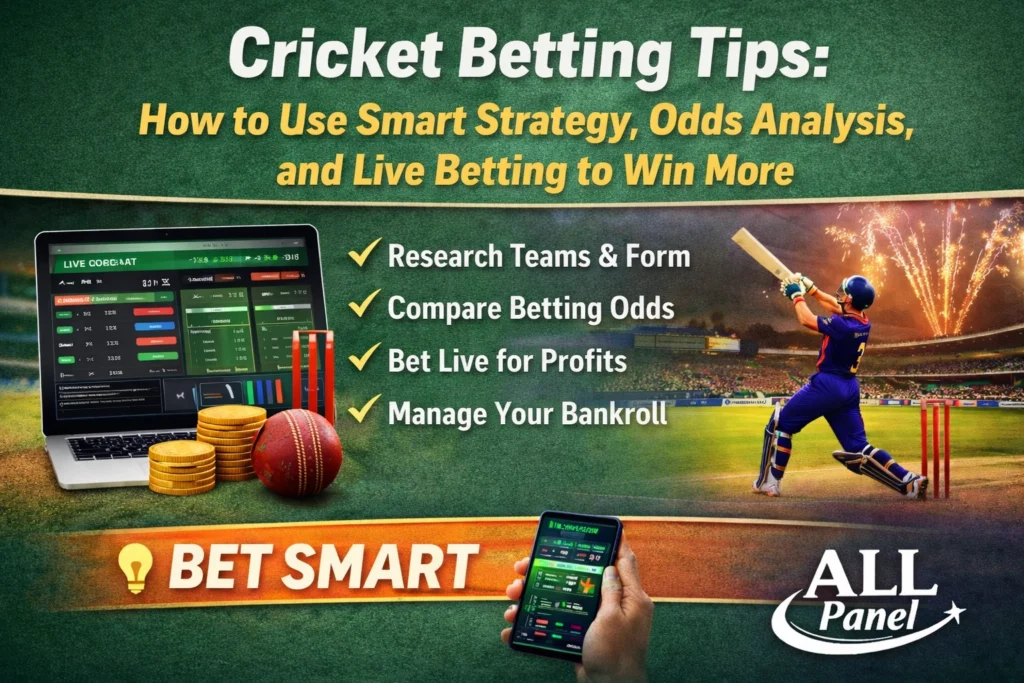 Cricket betting tips and strategies guide with ALL Panel logo for online cricket betting