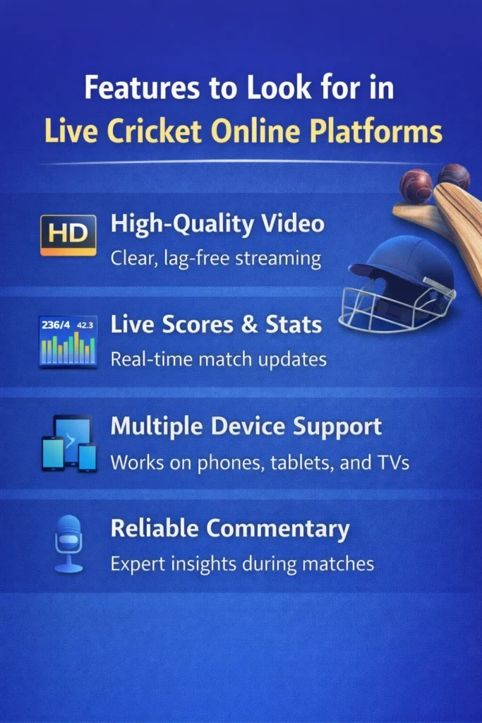 Features to look for in live cricket online platforms including HD streaming, live scores, multi device support and commentary