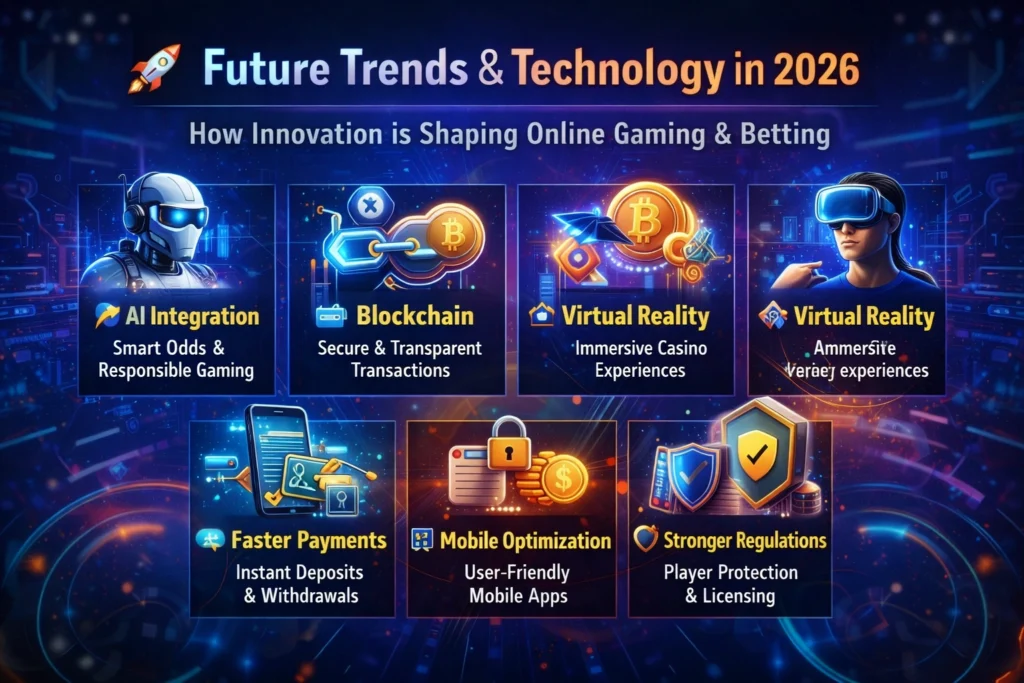 Future Trends and Technology in 2026 infographic showing AI, blockchain, VR, mobile optimization and secure payments in online gaming and betting