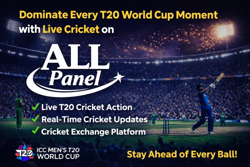 ALL Panel logo with live T20 World Cup cricket stadium and players in action