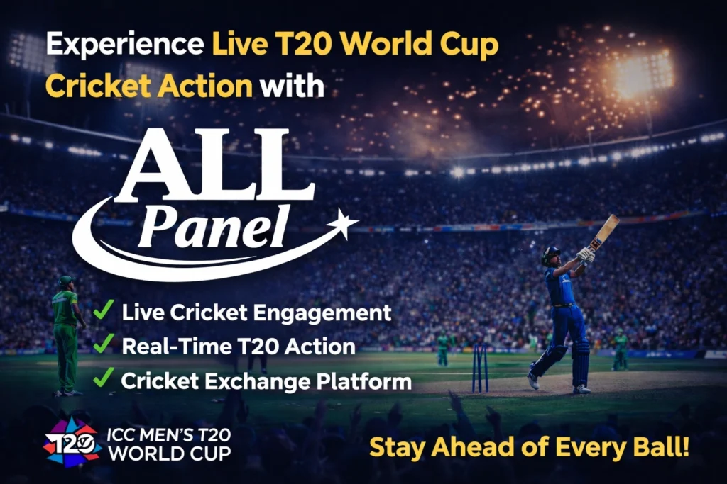 ALL Panel logo with live T20 World Cup cricket stadium background