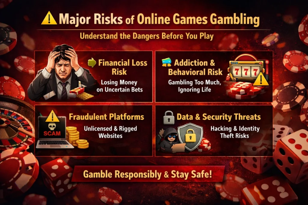 Major Risks of Online Games Gambling including financial loss, addiction, fraud platforms and security threats