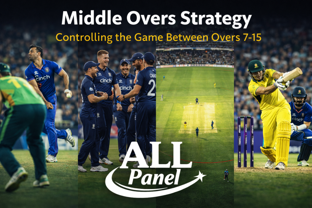 Middle Overs Strategy image showing spin bowling and controlled batting in T20 World Cup with ALL Panel logo
