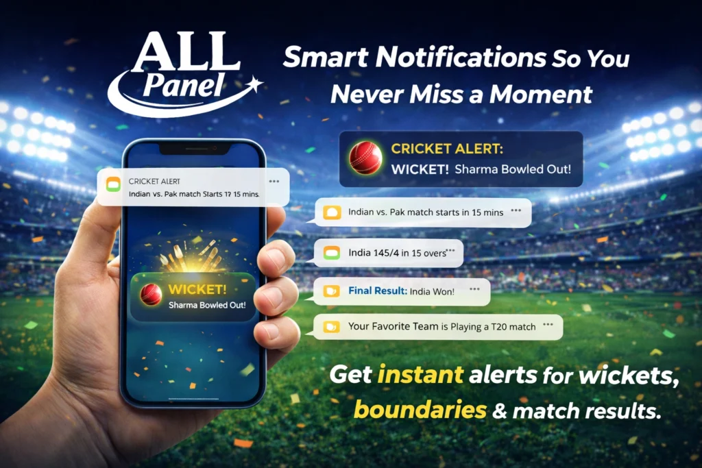 ALL Panel Live Cricket App showing instant cricket score notifications and wicket alerts on smartphone