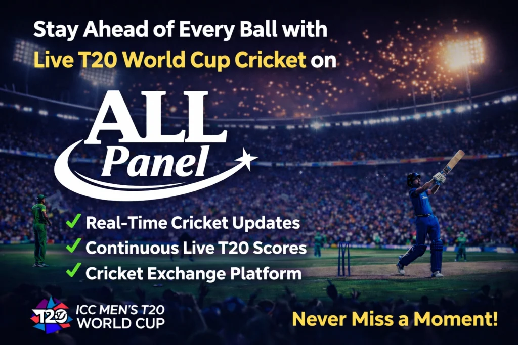 ALL Panel logo with live T20 World Cup cricket stadium and players in action