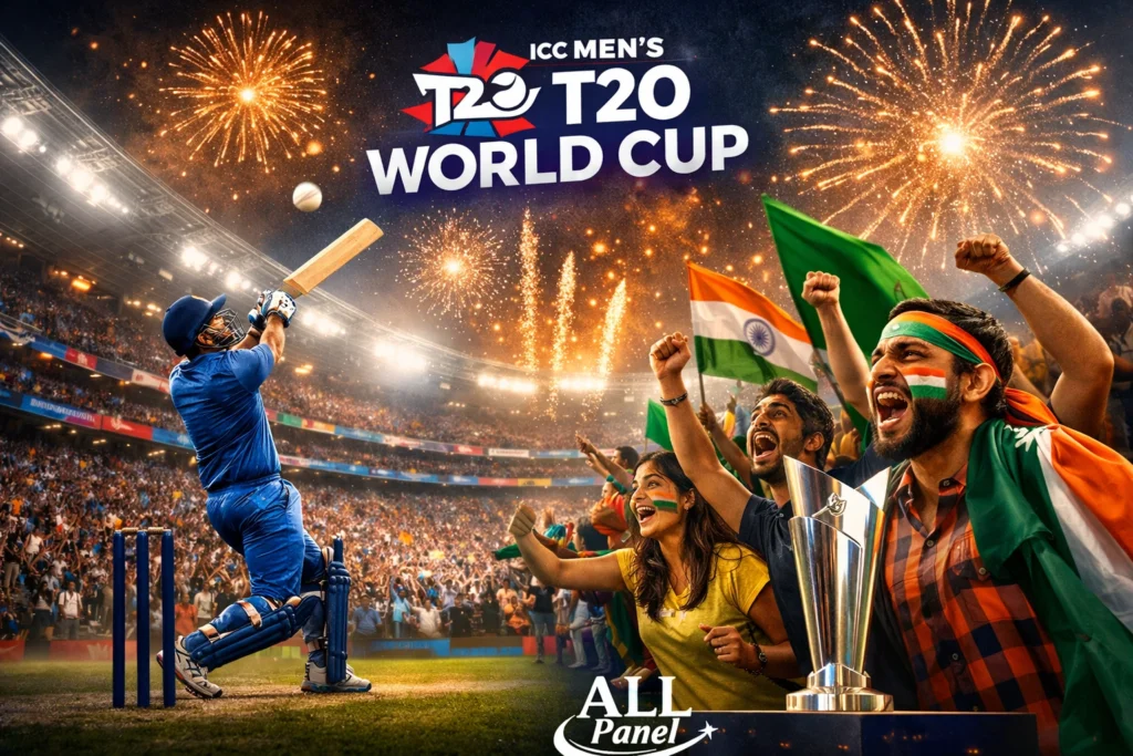 India vs Pakistan T20 World Cup cricket match with fans celebrating in a packed stadium