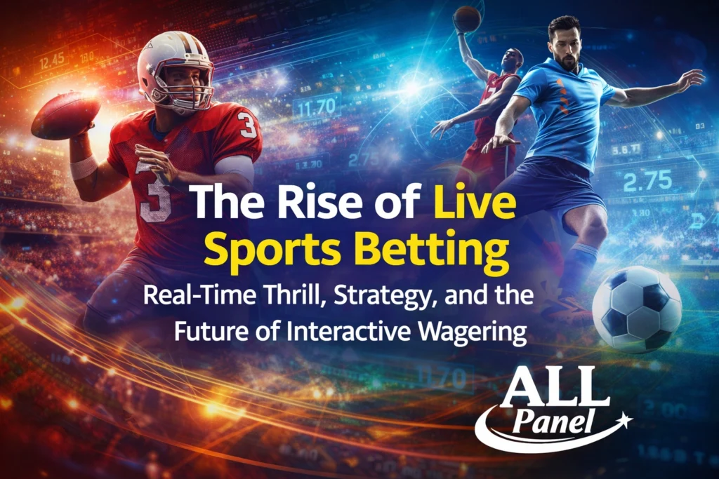 Live sports betting promotional banner featuring football, basketball and soccer players with real-time odds and All Panel logo