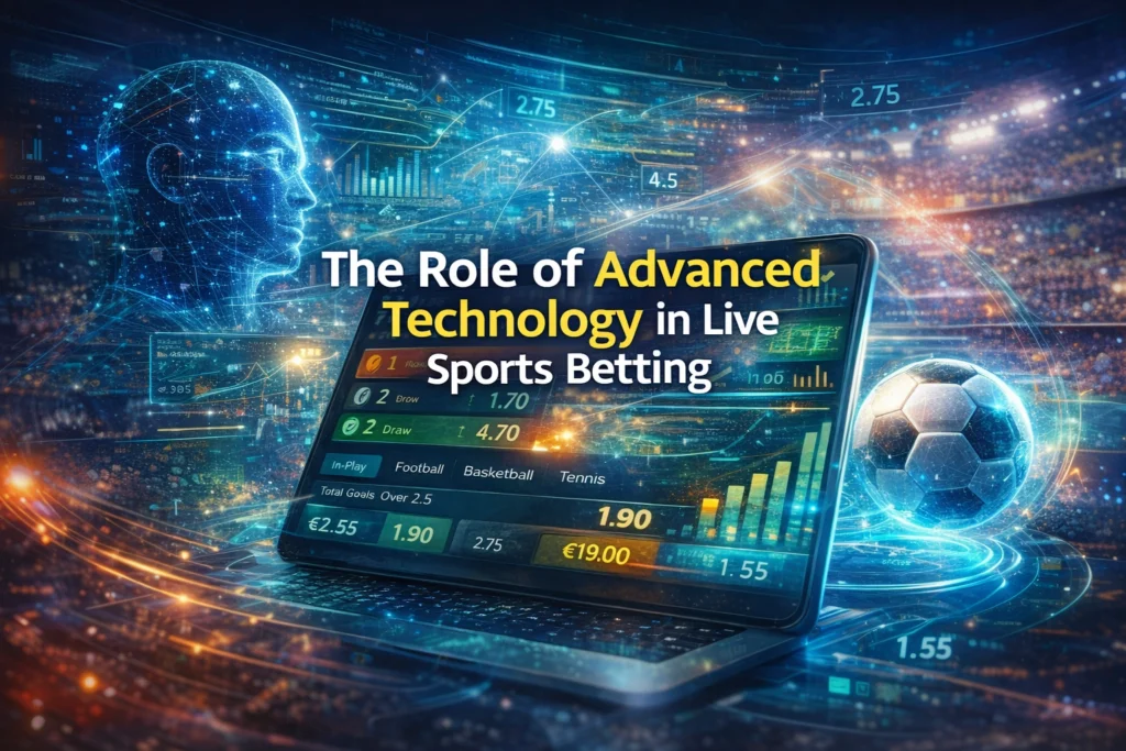 Advanced technology in live sports betting illustration featuring AI interface, real-time odds dashboard, and digital sports analytics