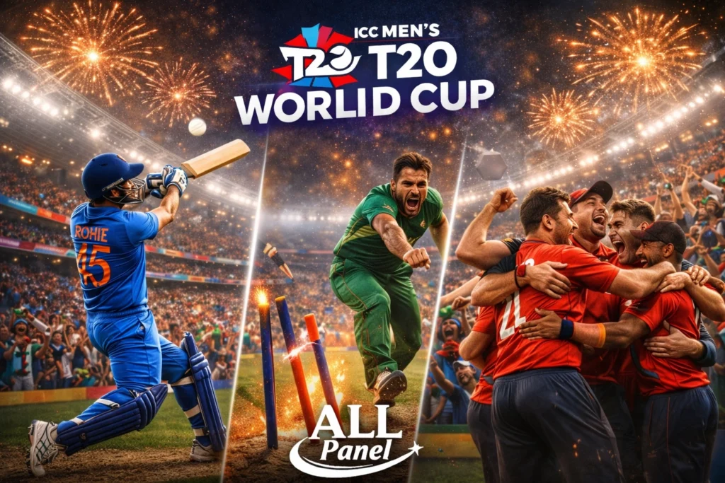 T20 World Cup players batting, bowling and celebrating with crowd and ALL Panel logo