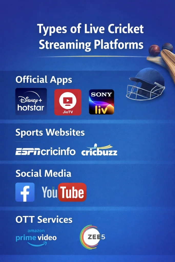 Types of live cricket streaming platforms including official apps, sports websites, social media and OTT services