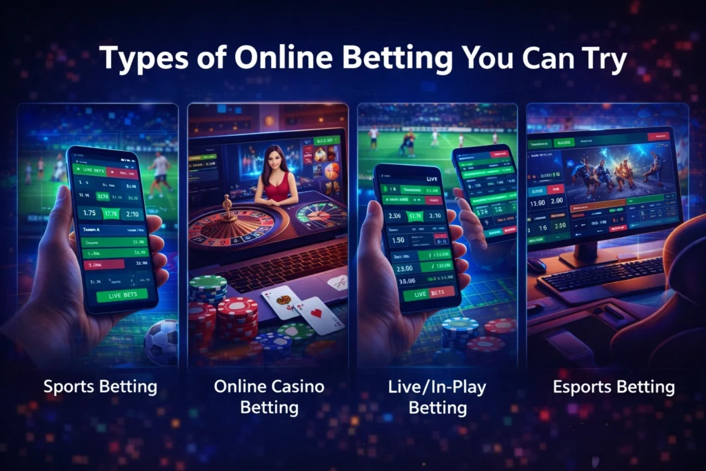 Sports betting, casino games, and live betting platforms on mobile and laptop