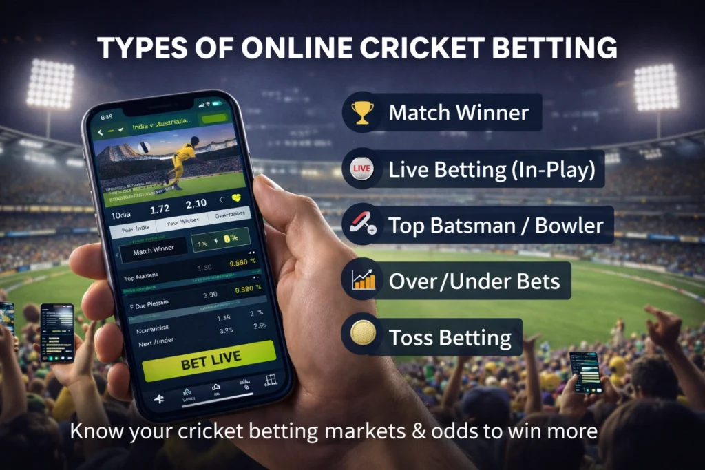Mobile app showing live cricket betting markets and odds during a cricket match