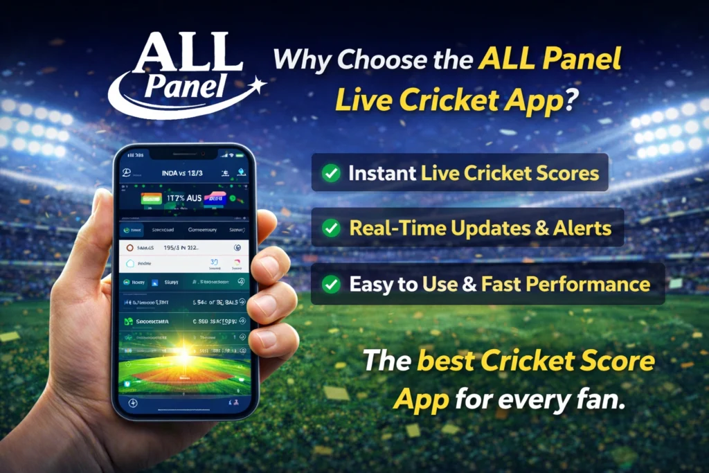 ALL Panel Live Cricket App showing live cricket scores stats and instant match updates on smartphone