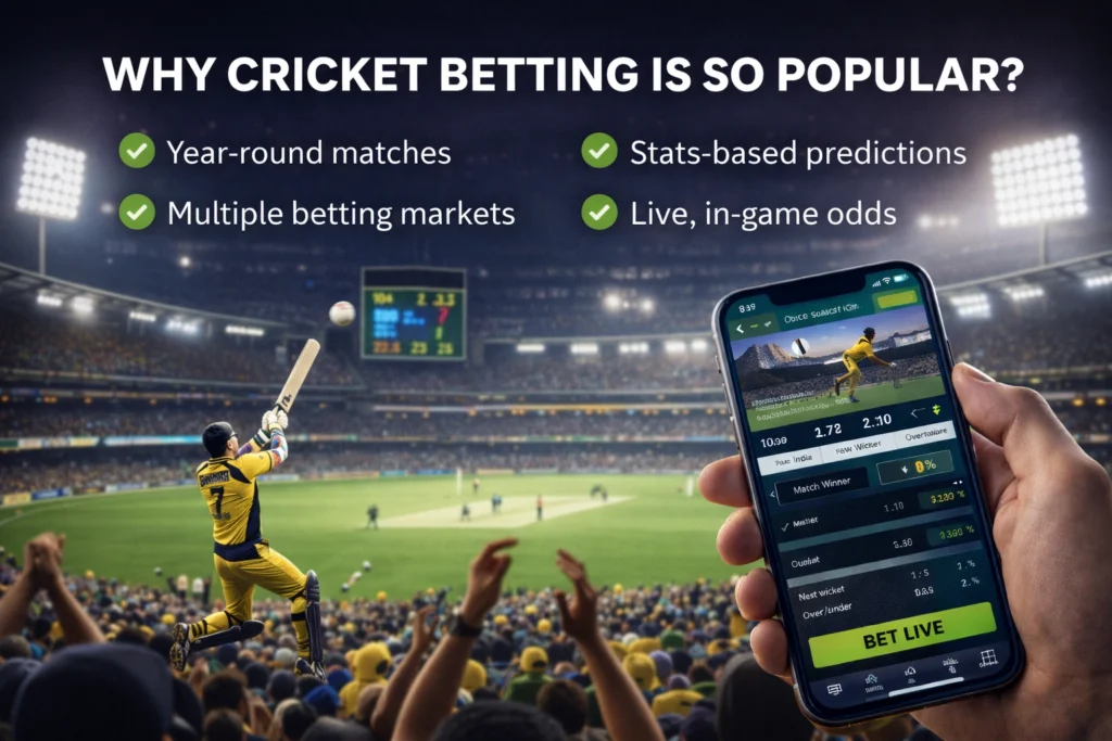 Crowded cricket stadium with fans watching live match and using mobile betting app