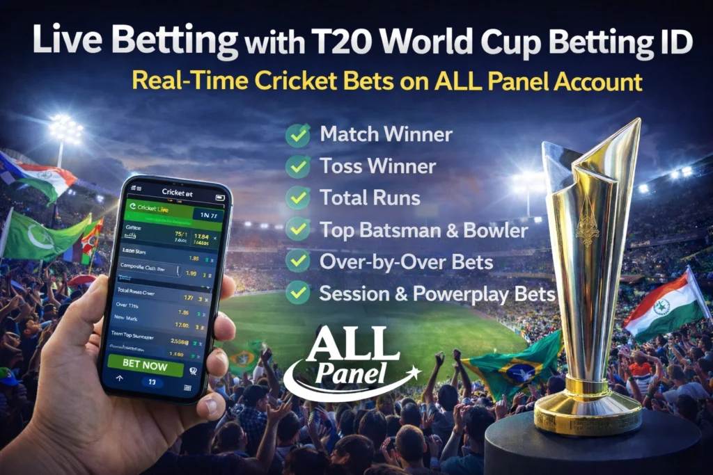 Live betting with T20 World Cup betting ID on ALL Panel cricket betting platform showing real-time odds and match markets
