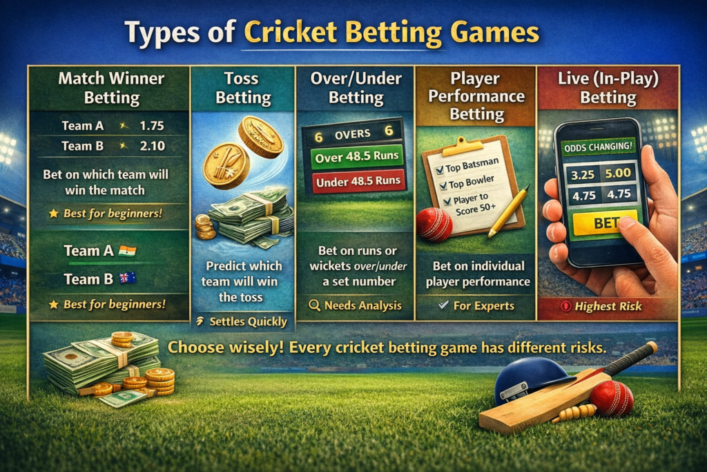 types of cricket betting games infographic