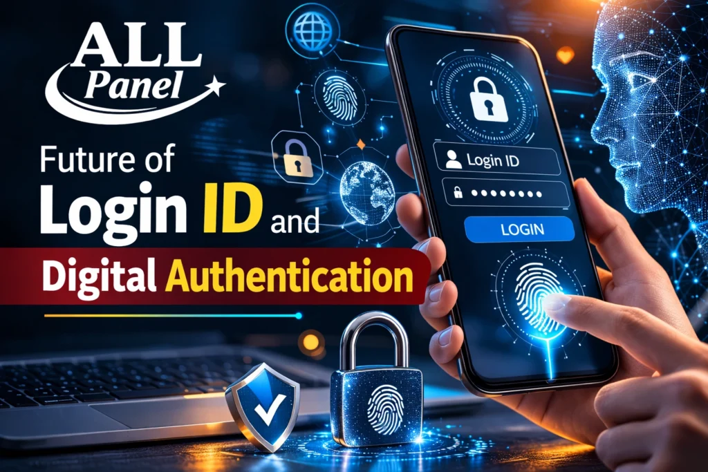 Future login ID and digital authentication system with biometric fingerprint login and All Panel Exchange logo