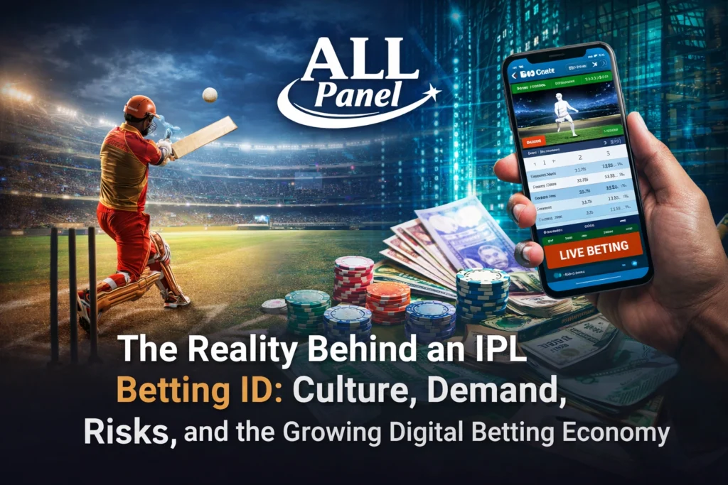 IPL Betting ID digital betting economy illustration with cricket stadium, live betting mobile app and All Panel Exchange logo