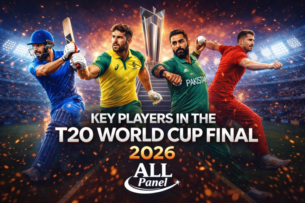 Key players in T20 World Cup Final 2026 cricket match with All Panel logo