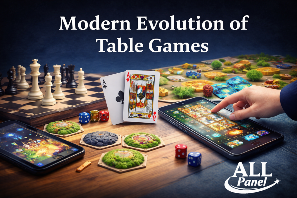 Modern evolution of table games showing chess, cards, dice, board game pieces and mobile gaming with All Panel logo