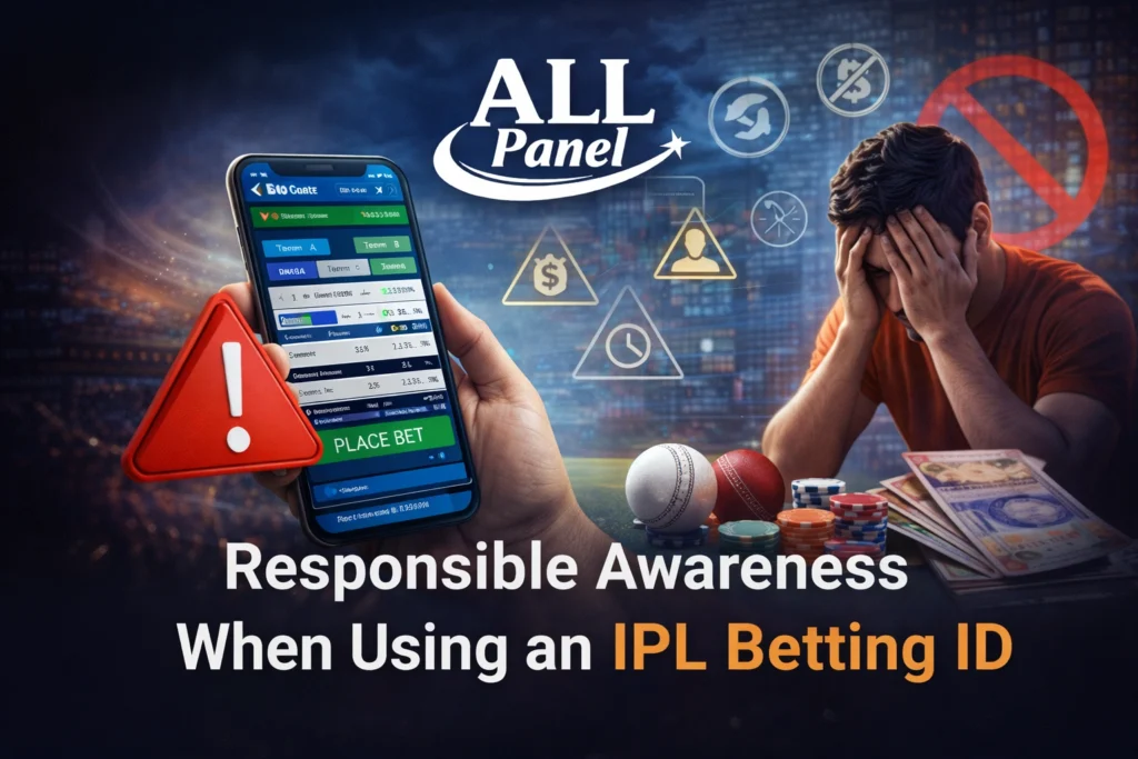 Responsible awareness when using an IPL Betting ID showing betting app, warning sign, cricket elements and All Panel Exchange logo