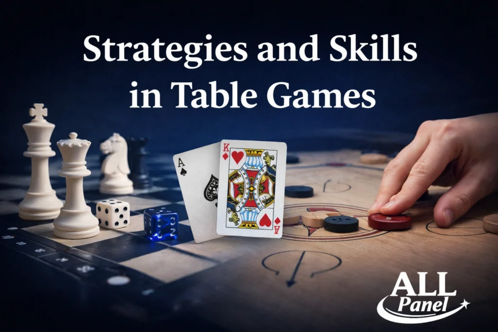 Strategies and skills in table games showing chess pieces, playing cards, dice and carrom board with All Panel logo