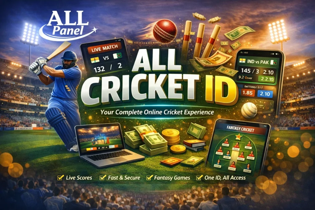 All Cricket ID ALL Panel live cricket exchange platform banner with stadium and mobile apps