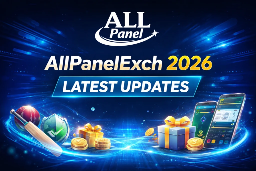 AllPanelExch 2026 latest updates banner with All Panel Exchange logo, showing new features, betting, bonuses and mobile platform