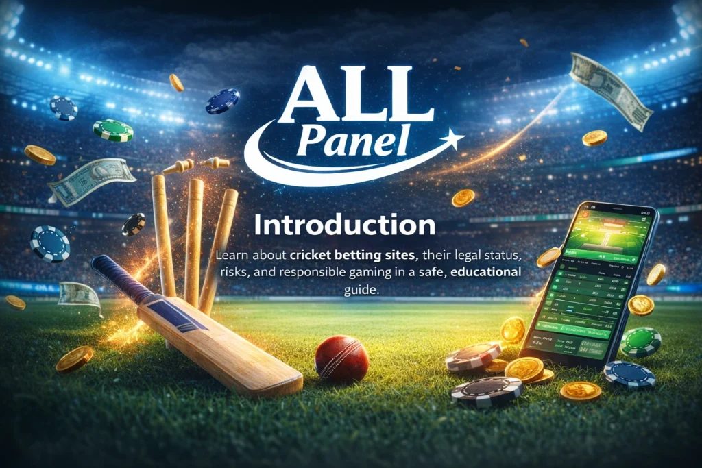 ALL Panel logo banner with cricket stadium background introducing cricket betting sites guide