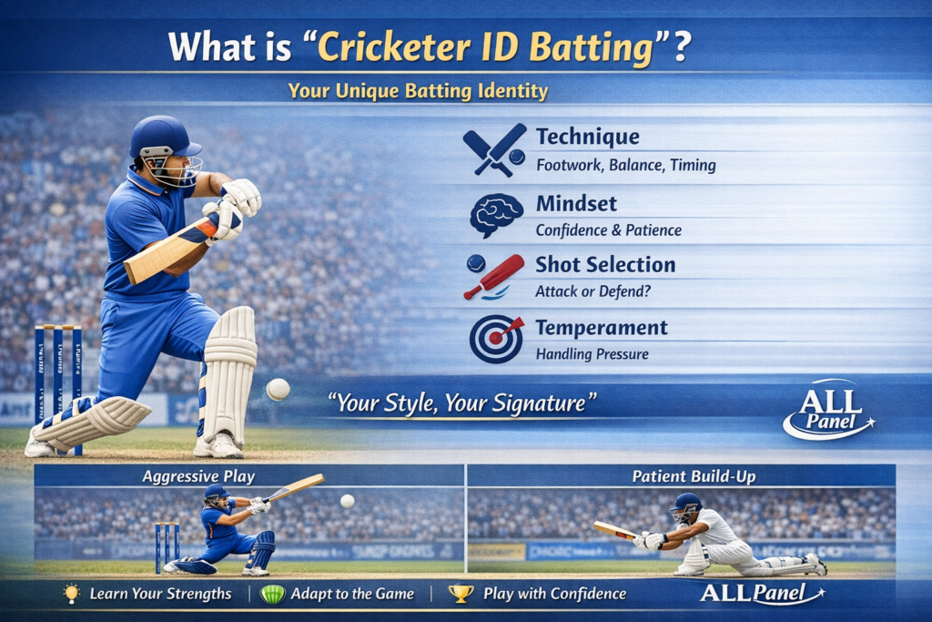 Cricketer batting infographic explaining technique, mindset, shot selection and batting styles in cricket