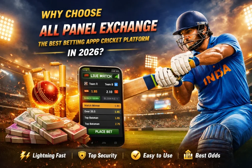 All Panel Exchange betting app cricket guide 2026 showing live cricket betting interface, Indian batsman, and fast secure betting features.