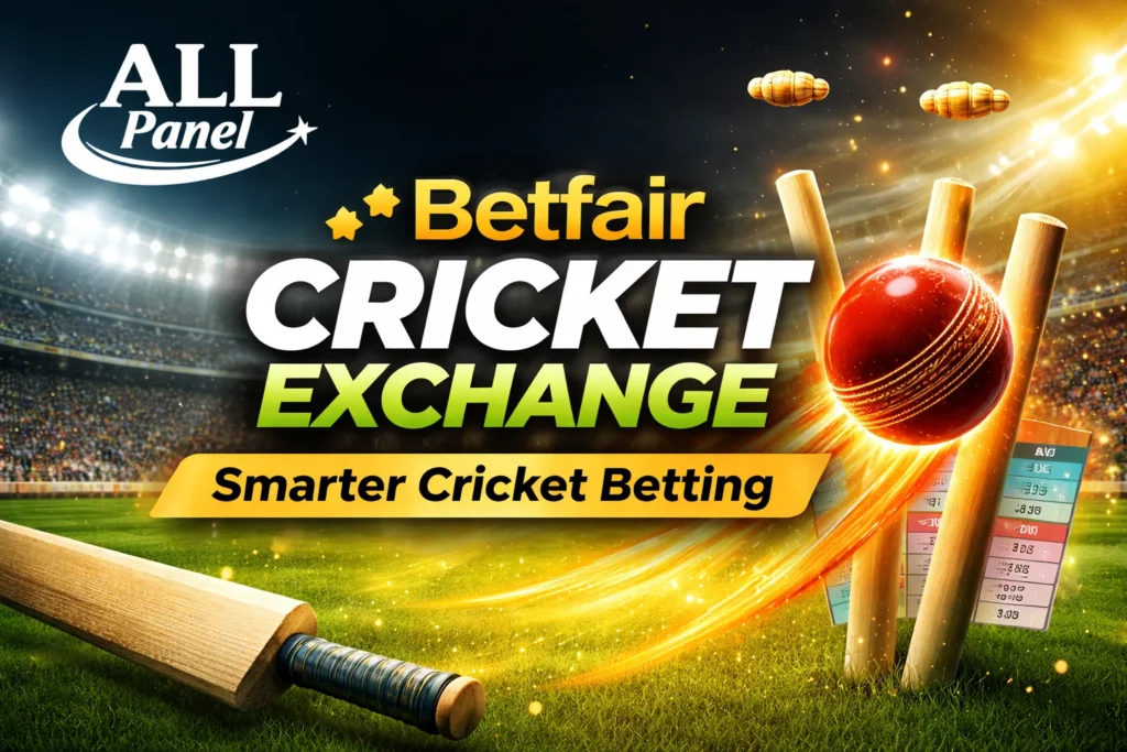 Betfair Cricket Exchange banner featuring cricket ball hitting stumps, stadium background, and ALL Panel logo promoting smarter cricket betting