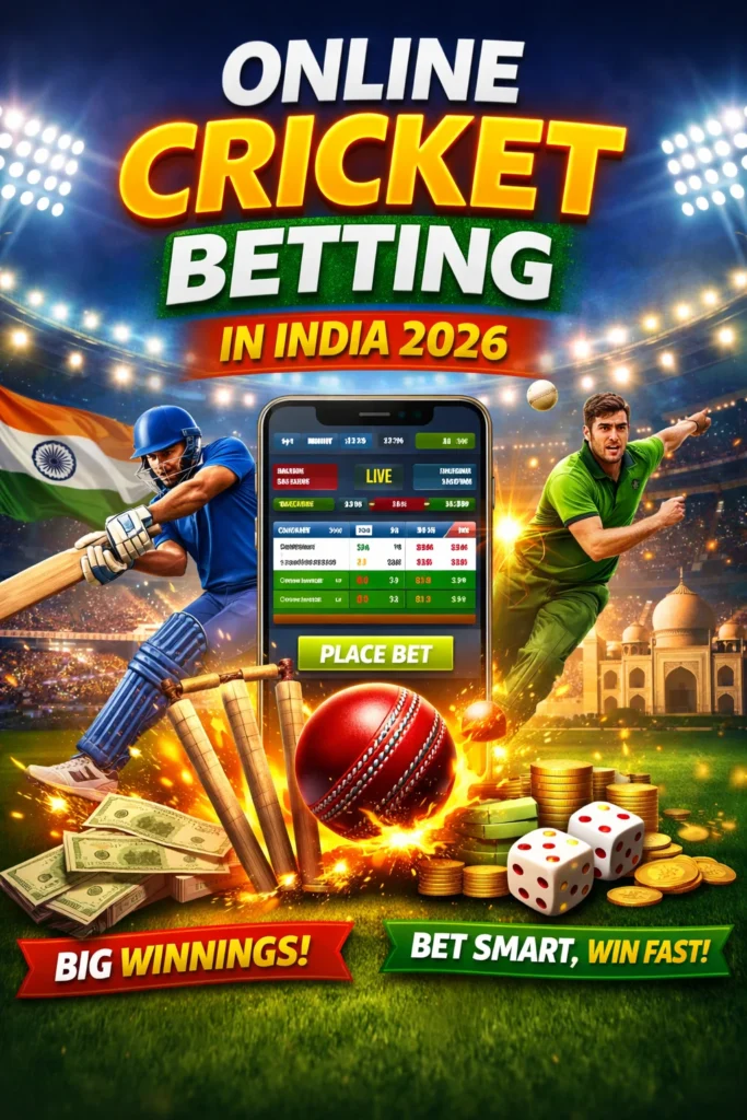 Online cricket betting guide 2026 showing batsman, bowler, mobile betting screen, money, and stadium visuals representing All Panel Exchange.